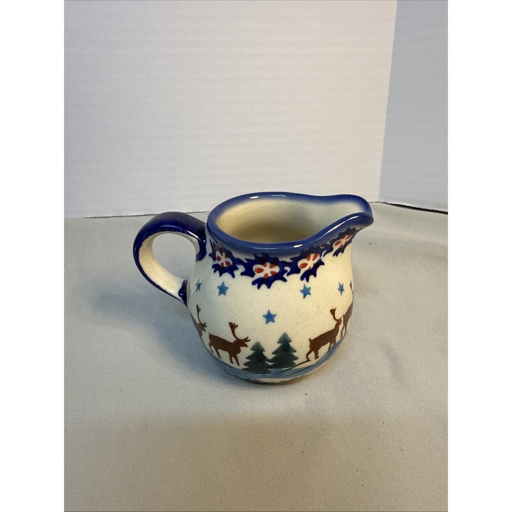 ANDAF Polish Pottery UNIKAT Creamer Pitcher Reindeer Winter Forest Christmas